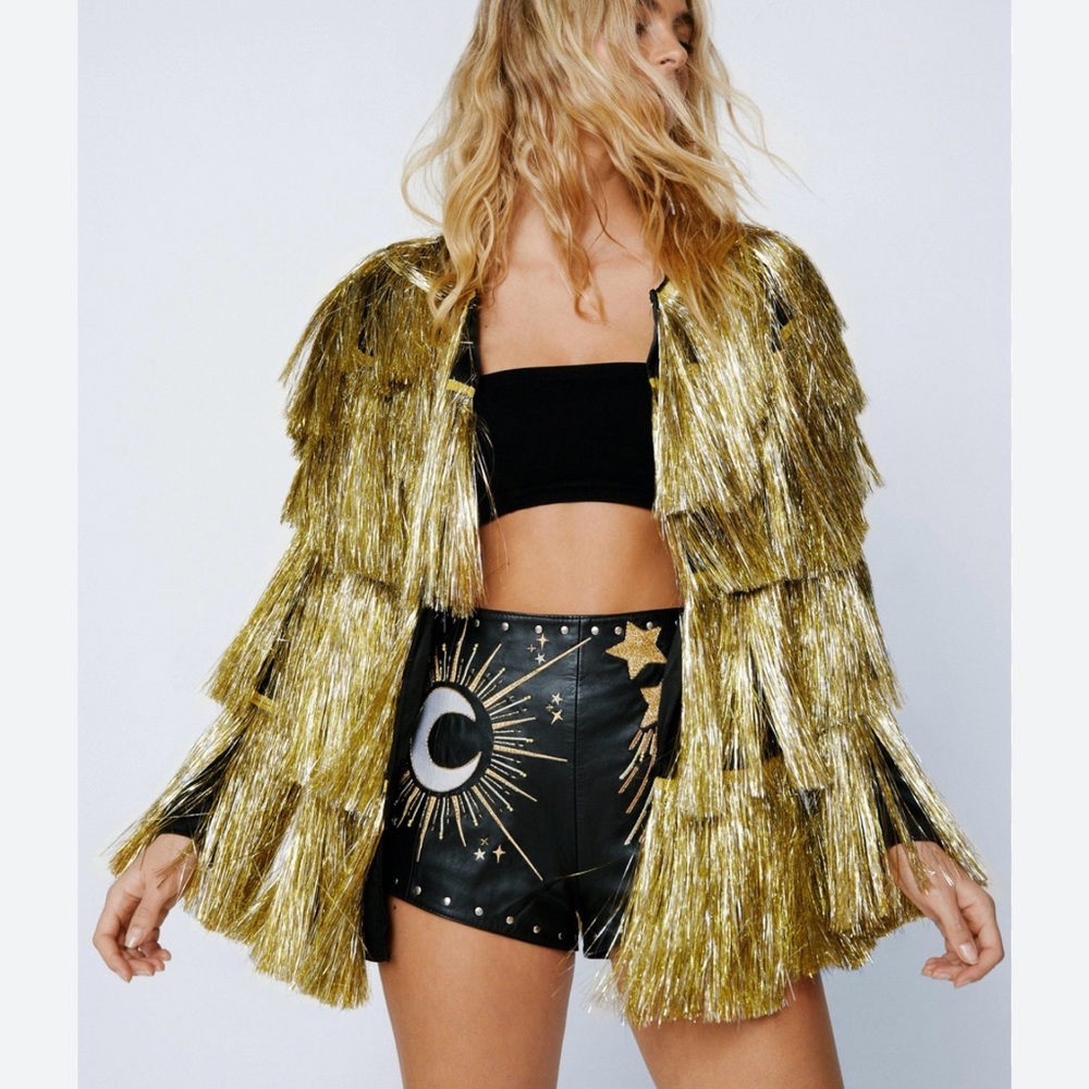 NWT! MSRP $264. Nasty Gal Metallic gold tiered fringe jacket - Sold out online